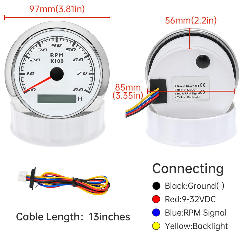 Tachometer Gauge 7 Color 0-8000 RPM Tacho Meter 85mm 3 3/8" for Auto Boat Marine Vehicle for 1-10 Cylinder Diesel and Gasoline Engine（White） White 8000RPM