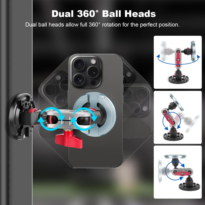 Came-TV Dual Magnetic Phone Holder with Dual Ball Head Magic Arm, Aluminum Gym Magnetic Phone Stand for Car/Gym/Tripod/Travel, Modular Car Phone Mount for iPhone Series/Magsafe Case (SY034)
