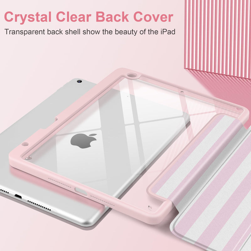 Case for iPad 9th / 8th / 7th Generation 10.2 inch, Pink Stripe | Cute Preppy Coastal Design Aesthetic Pink White Striped Trifold Cover with Soft TPU Bumper, Clear Back, Auto Sleep/Wake Pink white stripes