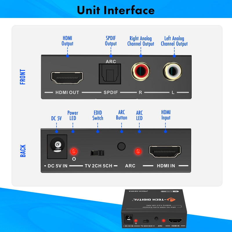 J-Tech Digital HDMI Audio Extractor 4K 60Hz & ARC Support, HDMI to RCA Optical Compatible with Dolby Digital DTS Stereo for Laptop Blu-Ray Gaming Consoles (JTECH-AE4KA) 4K 60Hz Audio ARC Extractor