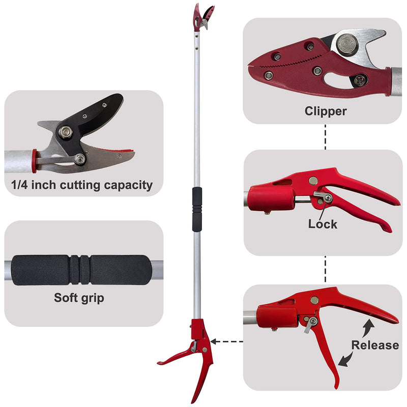 Tree Trimmer, 4 Foot Pole Pruner, Long Reach Pruning Shears, Cut and Hold Garden Clippers, Aluminum Lightweight Handle Fruit Picker, Branch Bypass Loppers