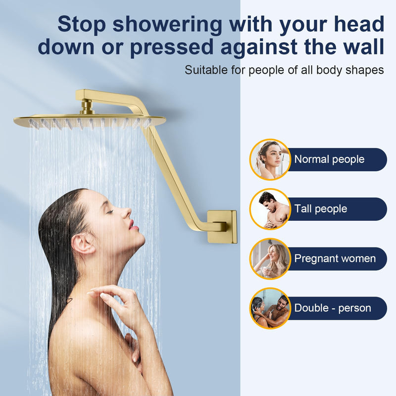 Square Shower Head Extension Arm with Flange, 16.5 Inch Z/S Shaped High Rise Shower Pipe Extender Wall-Mounted for Fixed Bathroom, Shower Head Goose Neck Arm - Extra Long Thread, Brushed Gold