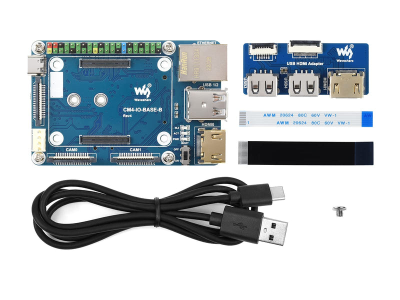 Waveshare CM4-IO-BASE-B for Raspberry Pi Compute Module 4 Bundle with USB HDMI Adapter (6 Items)
