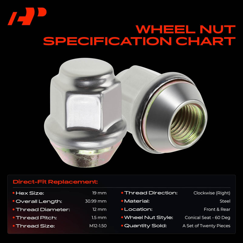 A-Premium 20pcs Wheel Lug Nuts M12 x 1.5 Chrome Conical Seat Lug Nuts Compatible with BMW Chrysler Dodge Ford Honda Jeep Capped Nut 6509769AA