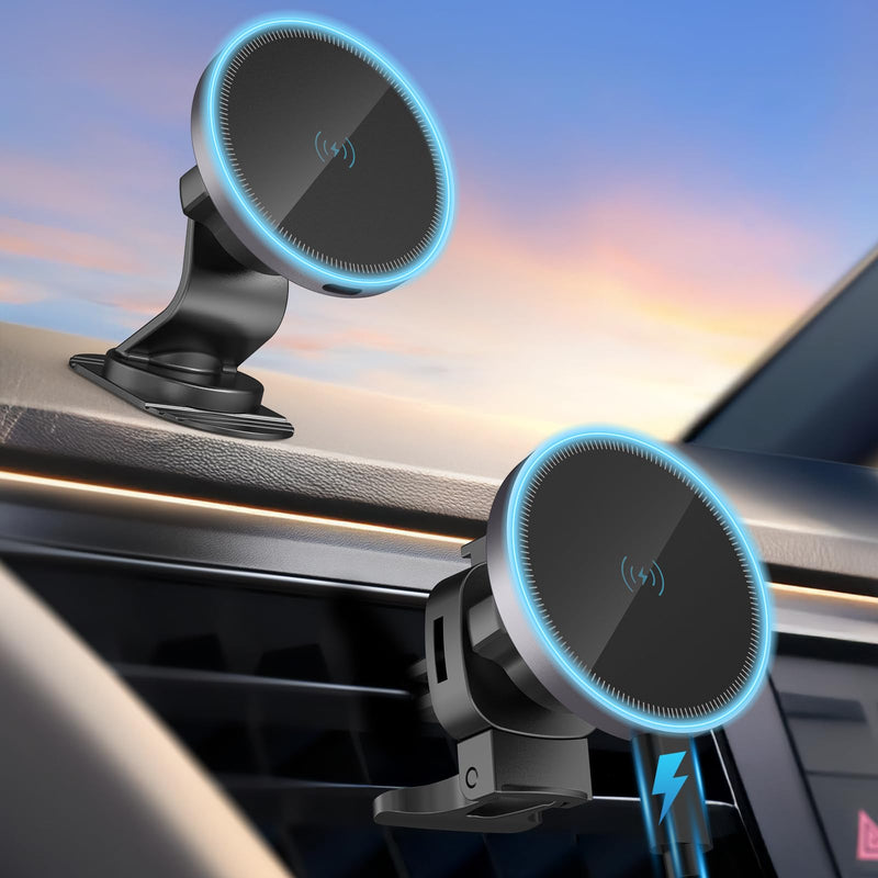 Car Mount Charger-15W Fast Charging Wireless Car Charger-Magnetic Car Phone Holder for Dashboard Air Vent - Rotation 360° & HandsFree