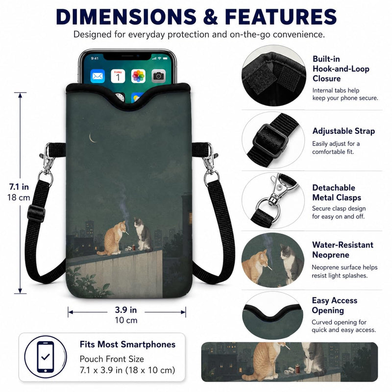 Neoprene Cell Phone Sleeve Pouch Case Bag with Crossbody Strap, 7.1x3.9 in, Shockproof Phone Bag with Neck Lanyard, Fits Most Phones, Rooftop Cat