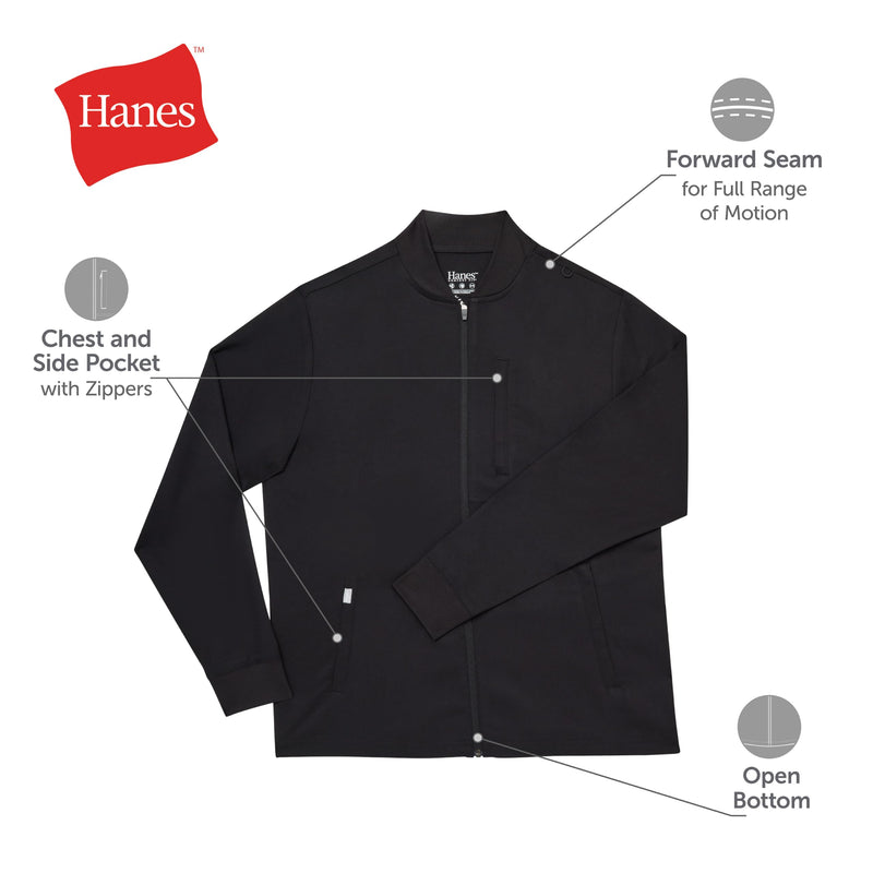 Hanes Men's Scrubs Healthcare Jacket, Zip-up Scrub Jacket for Men, Moisture-wicking & Odor Control Large New Ebony