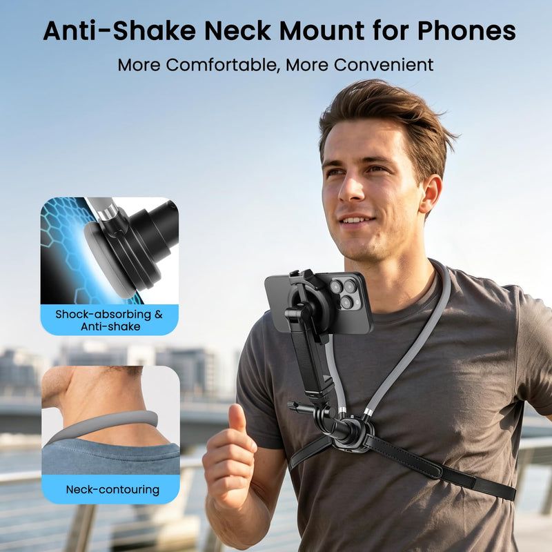 Magnetic Neck Mount for Phones, Neck Camera Mount for GoPro Insta360, Gray | 2-in-1 Magnetic & Clip-on Neck Phone Holder, Multi-angle Adjustment for Hands-free POV Shooting, with Chest Strap & 1/4" Head