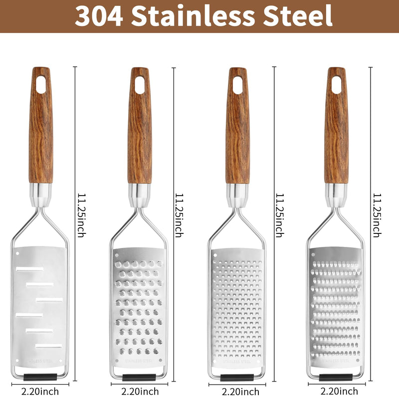 Professional Cheese Grater Stainless Steel,Multi-Purpose Grater With Wood Handle for Cheese, Ginger, Lemon, Garlic, Nutmeg,Fruits,Chocolate & Spices-Wideboard (4PCS) 4PCS