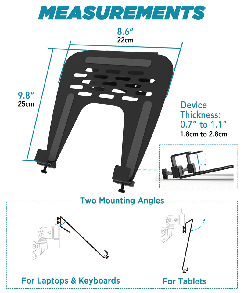 Laptop Tray Steel Notebook Holder for Monitor Arm Desk Mount Stand Fits VESA 75/100 Mounting Holes 29lbs Capacity with Vented Cooling Platform Smooth Laptop Access Design, Black, MAAC-L