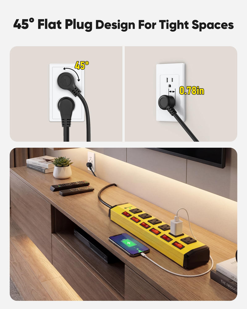 KeBen Heavy Duty Surge Protector,6 Outlets Individual Switches,6FT/15A | Surge Protector with 1200J,Flat Plug Design,Wall Mountable Metal Power Strip for Appliance,Workshop,Garage-14AWG/1875W 6FT 1