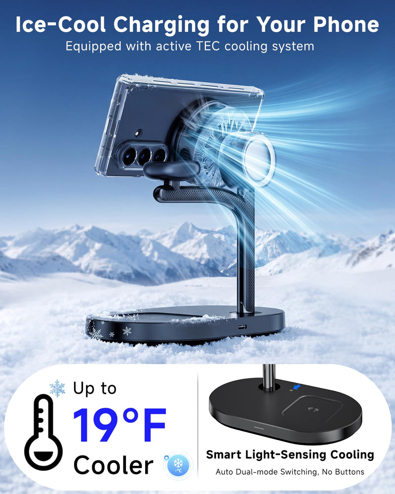Qi2.2 25W Magnetic Wireless Charging Station for Samsung TEC Active Cooling | For Galaxy Z Fold 8 Ultra/Fold8 Wide/S26 Ultra/iPhone17, 3-in-1 Fast Charger Stand for MagSafe (Not for Watch 9/Ultra 2)