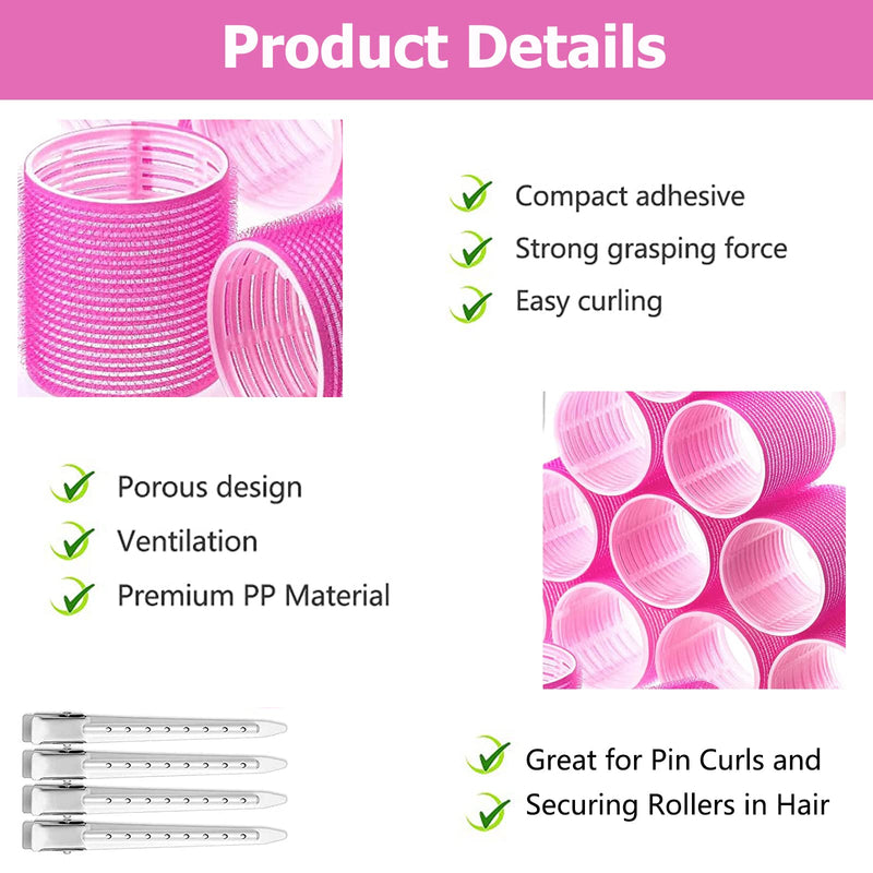 24 Pcs Hair Rollers Set, Hair Curlers With 12 Pcs 64MM Self Grip Jumbo Hair Rollers & 12Pcs Duckbill Clip, Salon DIY Hairdressing Curlers Hair Curlers Rollers Tools for Long Medium Short Hair 64MM-Rose Red