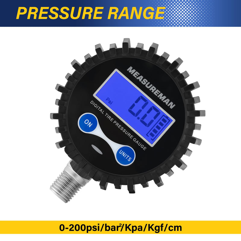 MEASUREMAN 2-1/2" Dial Size Digital Air Pressure Gauge with 1/4'' NPT Bottom Connector and Protective Boot, 0-250psi, Accuracy 1%, Battery Powered with LED Light (Pack of 2) Long thread (Pack of 2)