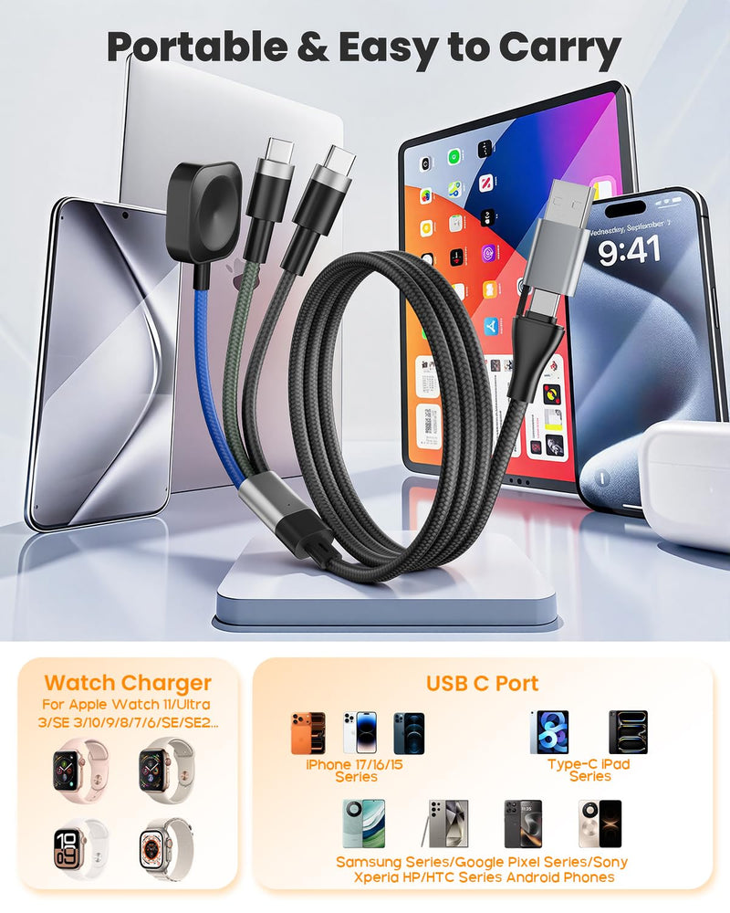 Multi Fast Charging Cable for Apple Watch - 100W Dual USB C Fast Charging Cable for iPhone 17/16/15/14/13/iWatch, 3 in 2 Portable Watch Charging Cord with 2 USB C and iWatch Charger Port, 6.5FT