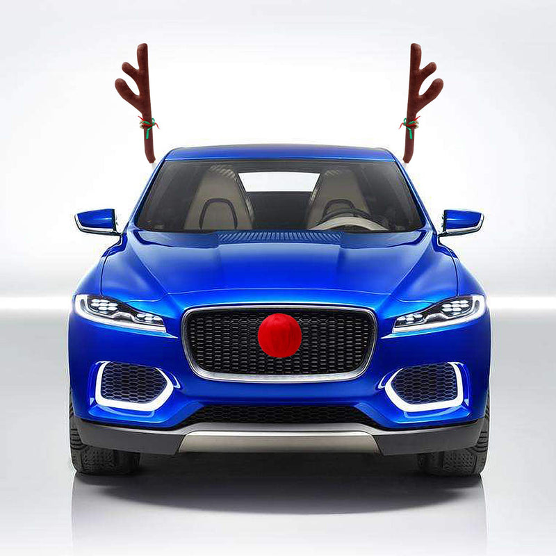 Christmas Car Decorations - Reindeer Antler Kit with Jingle Bells and Red Nose - Vehicle Accessories for Xmas Antlers