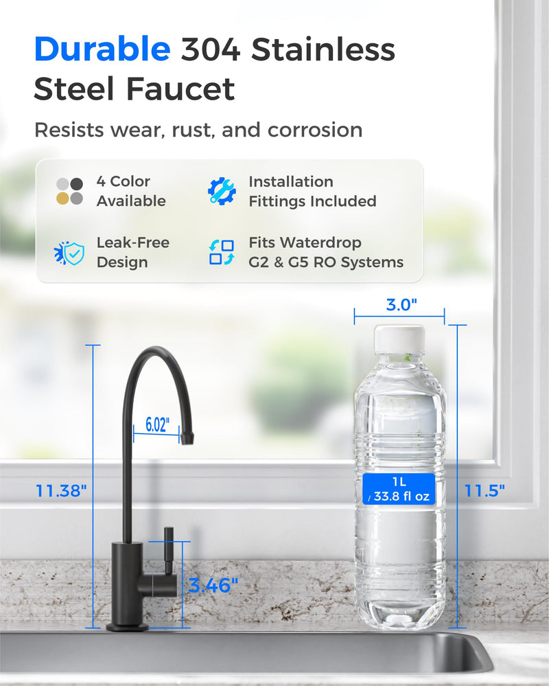 Waterdrop G2FCT-BLK Drinking Water Faucet, Reverse Osmosis Faucet, Water Filter Faucet for Kitchen Bar Sink, Single Handle, Easy to Install, Lead-Free, Stainless Steel, Black