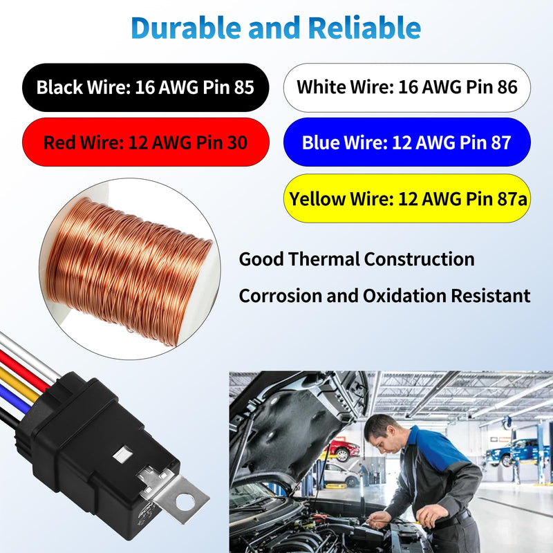 5-Pin Waterproof Relay Kit 40/30 AMP 12V Relay Switch with Harness 12&16 AWG Tinned Copper Wires, SPDT Automotive Relay Kit for Horns Starters Radiator Motor Fans Boats, Pack of 2