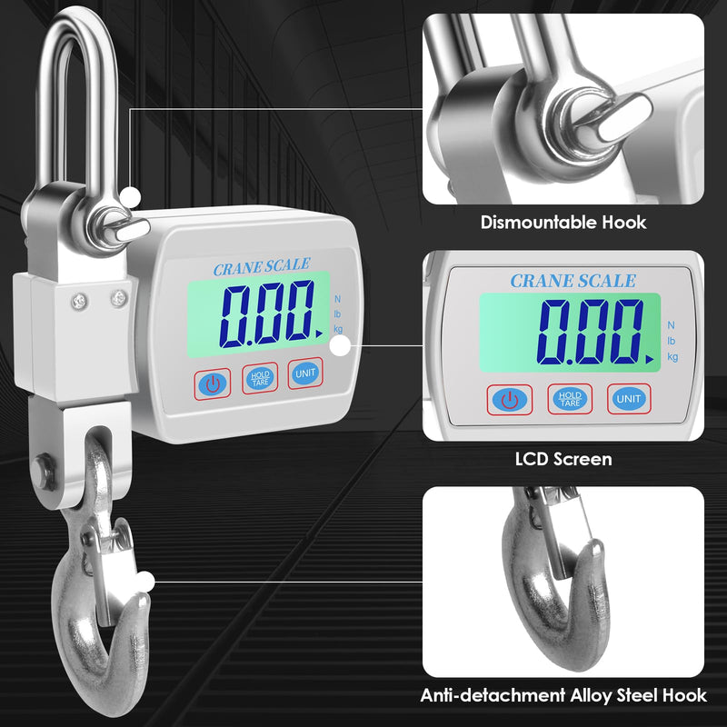 1100lbs 500kg Digital Crane Scale, Heavy Duty Hanging Scale with Backlit LCD, Tare, Unit Change Functions for Industrial Factory, Farm, Construction White