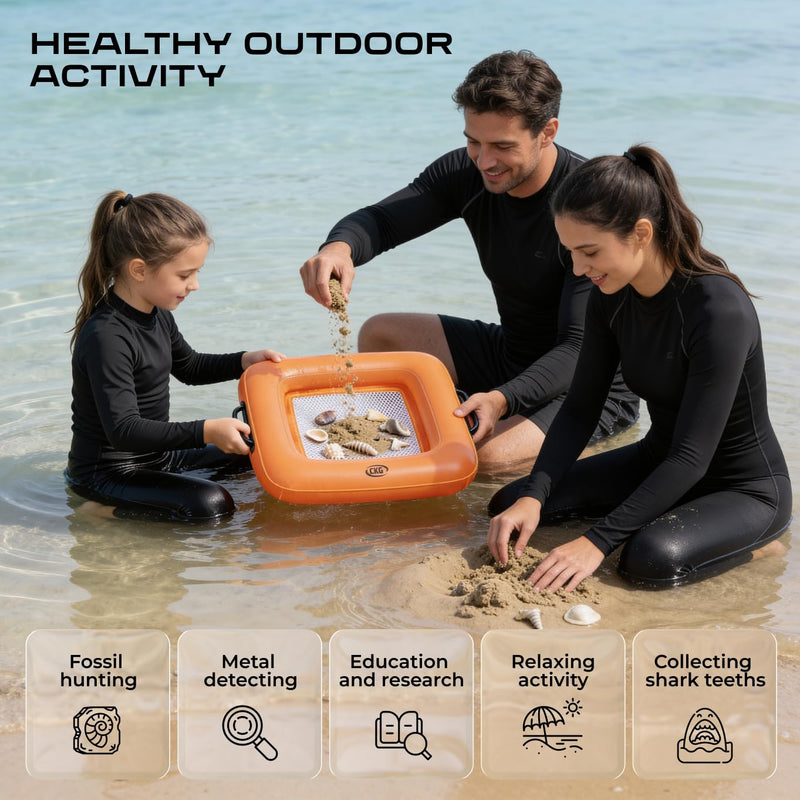 CKG Floating Inflatable Sand Sifter, Lightweight Durable Shark Tooth Sifter for the Beach with Comfortable Grip & Double Sifting Mesh, Perfect for Metal Detecting, Beach Accessories PVC