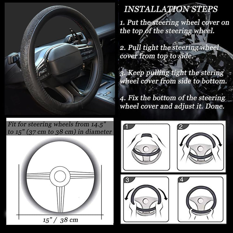 [AUSTRALIA] - New Diamond Leather Steering Wheel Cover with Bling Bling Crystal Rhinestones, Universal Fit 15 Inch Car Wheel Protector for Women Girls,Black Diamond Black Diamonds Standard Size[14"1/2-15"]