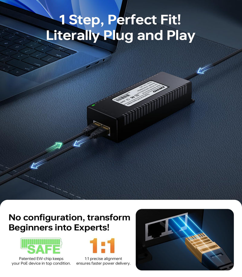 EWIND 2025 Higher Performance PoE Injector, Gigabit PoE+ Adapter 30W 48V Power Network Distances Up to 328FT, Plug & Play with Smart Energy Saving, 802.3af/at, Desktop/Wall Mount, Lifetime Support