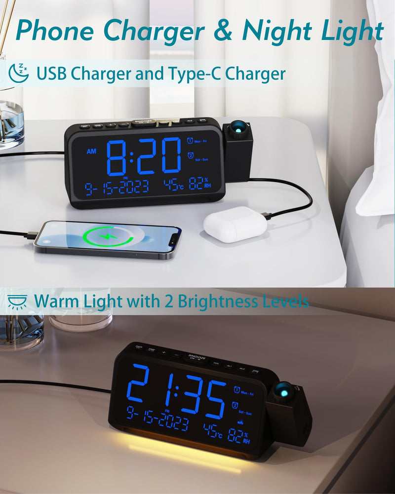 Roxicosly Projection Alarm Clock for Bedroom Ceiling, 118 dB Super Loud for Heavy Sleepers, 6.7" Large Digital Dimmable Display with Day Date Indoor Temp Humidity, Dual Alarms Adjustable Volume Blue Digit+blue Projection
