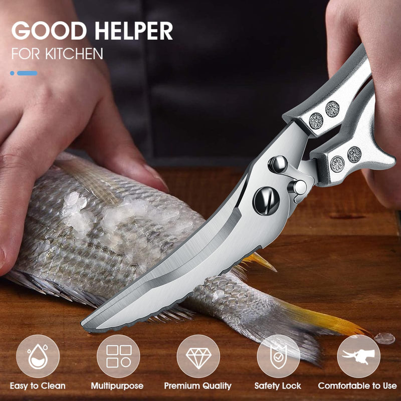 PURPLEBIRD Poultry Shears Heavy Duty, Kitchen Scissors Dishwasher Safe Kitchen Shears for Meat Cutting Stainless Steel Meat Cooking Scissors for Thanksgiving Day Silver
