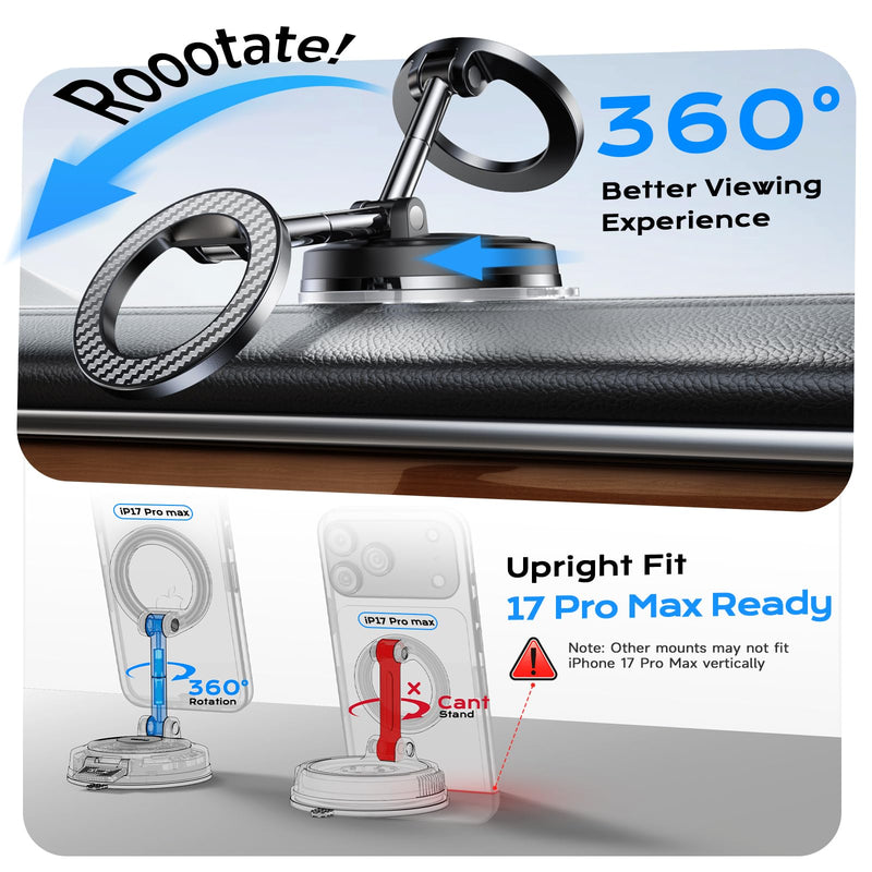 NeverDrop Car Phone Mount for MagSafe, 2 Bases for Any Surface | 118+LBS Ultra Grip, 2400gf Strong Magnetic, 360° Adjustable Car Phone Holder, Phone Holders for Your Car, Carbon Fiber