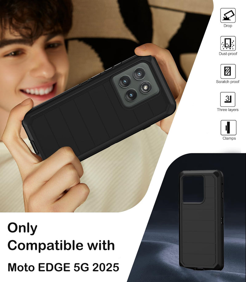 KECAI for Motorola Moto Edge 5G 2025 Case with Belt Clip Holster,2X Screen Protector,Heavy Duty Shockproof Drop Protection Military Grade Full Body Rugged Phone Cover with Kickstand (Black) Black for Motorola Edge 5g 2025