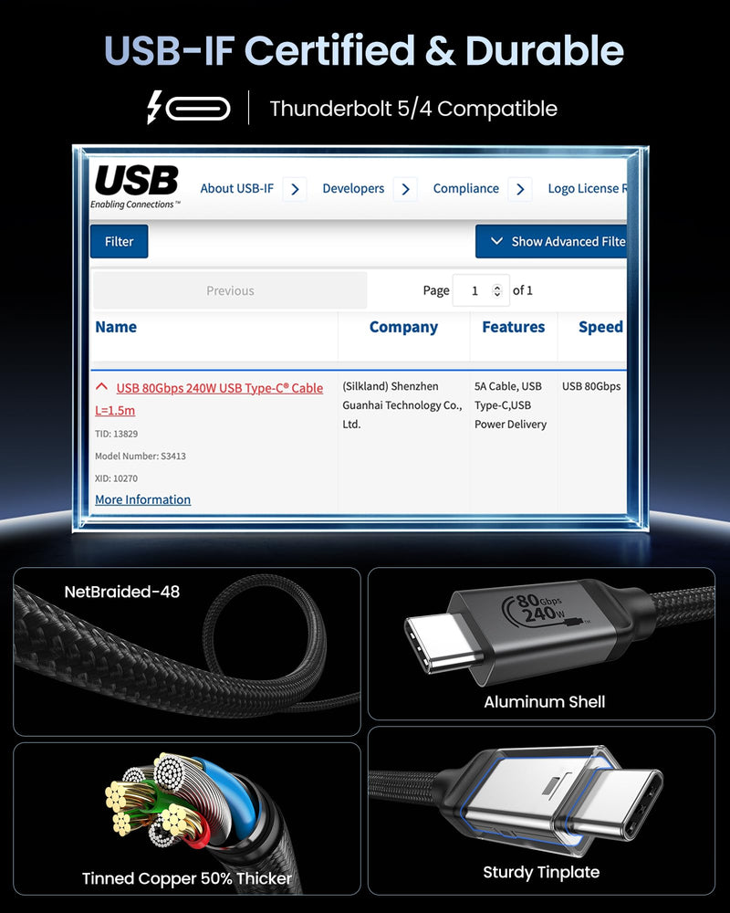 Silkland USB-IF Certified 80Gbps USB 4 for Thunderbolt 5 Cable 5FT, 120Gbps for Dual 8K, 240W PD3.1 Charging, Braided USB C Video Cable Compatible for Thunderbolt 4, MacBook, iPhone 17/16, Mac mini 5 Feet
