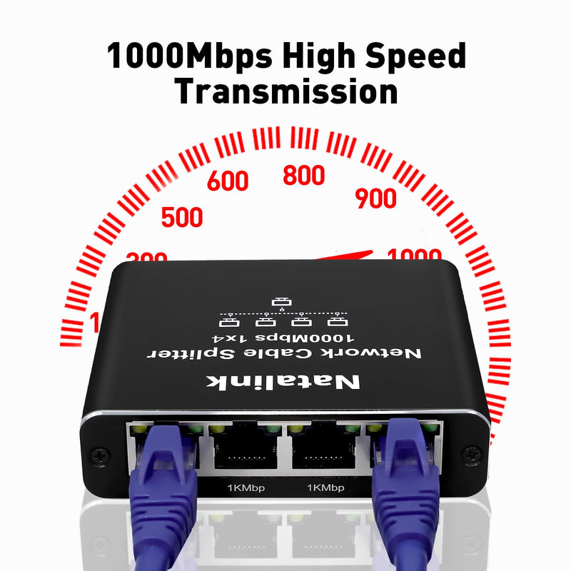 Ethernet Splitter 1 to 4 Network Cable Splitter 1000Mbps High Speed RJ45 Internet Splitter Adapter with USB Power Cable for Cat 5/5e/6/7/8 Cable