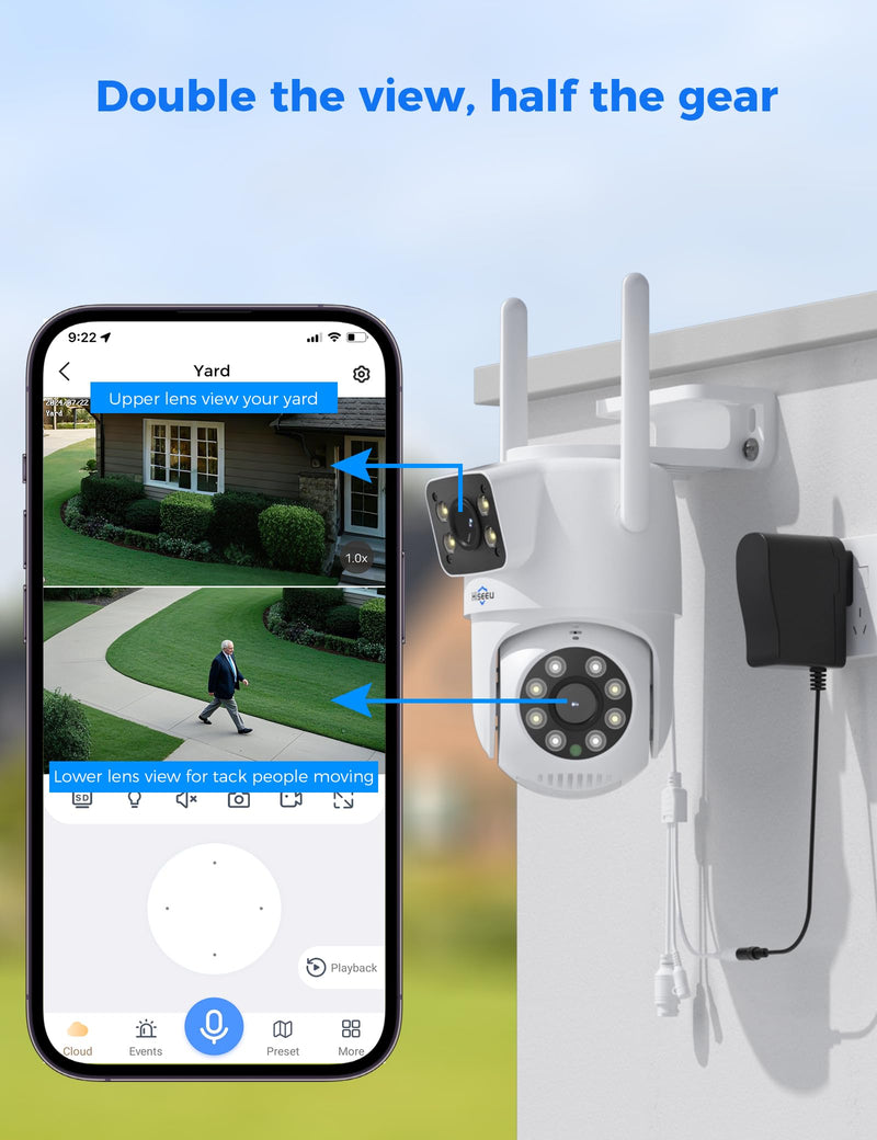 Hiseeu Wireless Security Camera, 5G/2.4G WiFi,Dual Lens View, Pan-Tilt- Zoom Control, Full Color Night Vision, Smart Motion Detection, Auto Track,Two-Way Audio, IP66 Waterproof, Plug-in Cable Gray