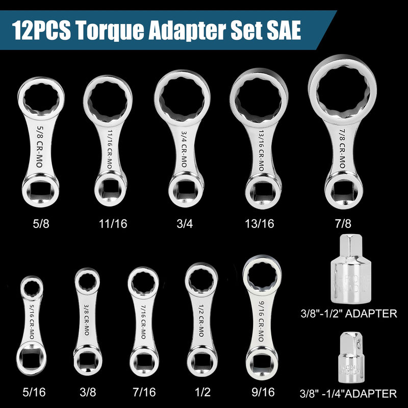 Torque Adapter Set SAE 12PCS, Includes 5/16", 3/8", 7/16", 1/2", 9/16", 5/8", 11/16", 3/4", 13/16", 7/8", 12 Point Box End Torque Wrench Extension Adapter 3/8" Drive, with 1/2" + 1/4" Drive Converters SAE 5/16" - 7/8"