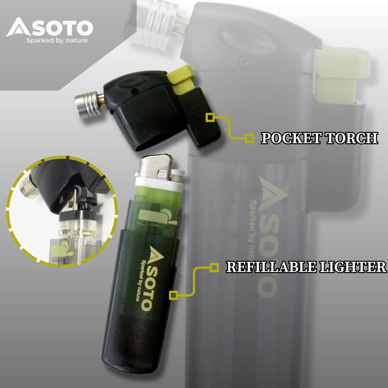 SOTO Butane Torch Lighter, Compact Windproof Pocket Lighter, Refillable, Adjustable Flame, Durable and Portable for Camping, Hiking, BBQs, and DIY Projects. Shipped Empty.