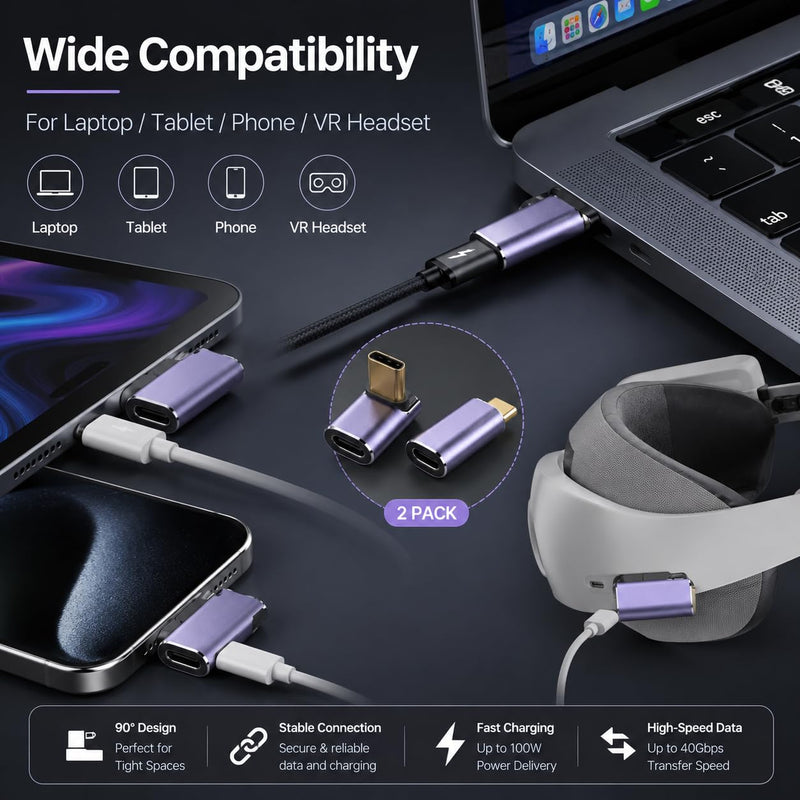 2 Pack Left Right 90 Degree USB C Adapter Thunderbolt 4 USB4 40Gbps 100W PD Fast Charging 8K Video L Shape Type C Extender Connector for Laptop Phone VR