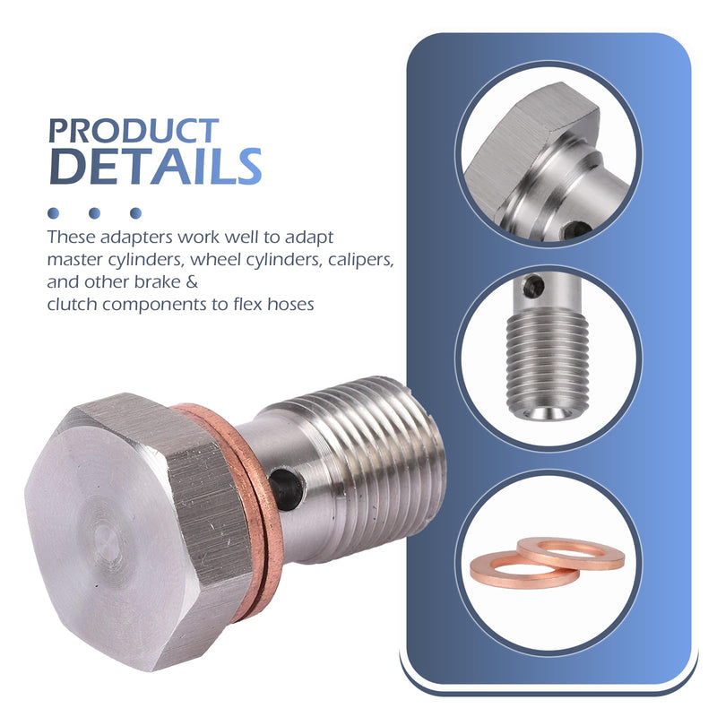 M10x1.0 Metric Stainless Steel Single Banjo Bolt Brake Fitting Adapter, with Copper Washers, Threaded Turbo Brake Line Banjo Fittings, 20mm Long