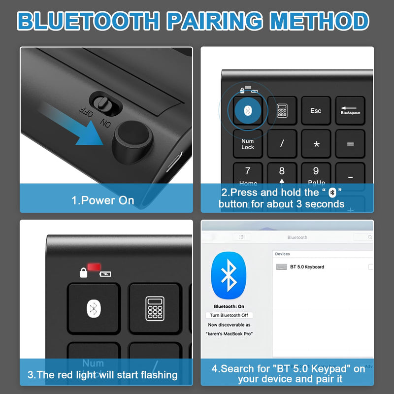 Bluetooth Number Pad Wireless & Wired 10 Key USB Keypad Two in One, Rechargeable Numpad for Laptops, Desktop, Computers Accessories Compatible with MacBook iPads ChromeBook EliteBook Notebook etc. Black