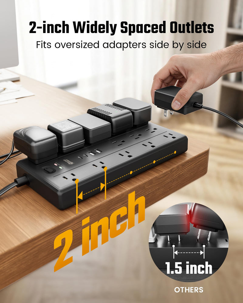 SUPERDANNY 10Ft Extension Cord with Multiple Outlets, Flat Plug Power Strip | 2100J, 13AC 2 USB C 2 USB A Charging Ports, Surge Protector, Desk Charging Station, Home Office, College Dorm Room Essentials Black 10 FT