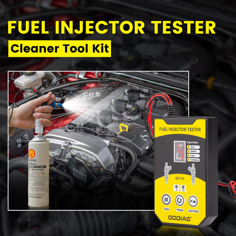 GODIAG Fuel Injector Tester Cleaner Kit, 8 Pulse Modes Injector Tester 6 Size Cleaning Adapters 12V/5V Output Power Drive, 4 Wire Dual Channel DIY Fuel Injector Cleaner Tools