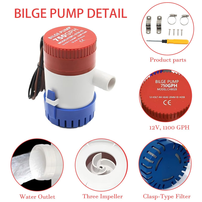 12v 1100 Gallons/Hour Marine Bilge Pump Kit, Includes 1-1/8" Diameter Bilge Pump, 6.5' Hose, 2 Stainless Steel Hose Clamps, And Hull Penetration Fitting. Suitable for Fishing Boats, Speedboa