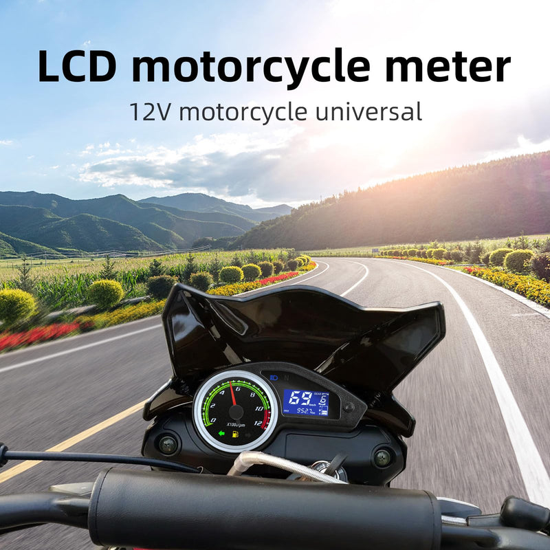 Universal Motorcycle Speedometer Gauge Digital Speedometer for Motorcycle LCD Gauge Cluster MPH Dashboard Speedo Meter with Tach, Odo, Oil Level, Gear