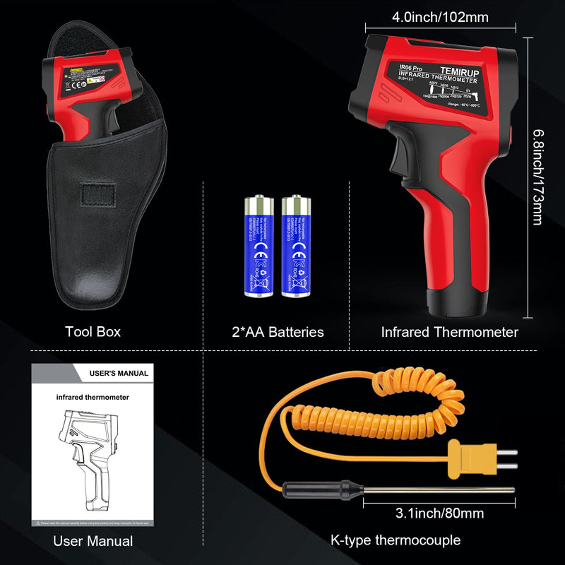 Infrared Thermometer Gun, Digital Laser Temperature Gun with Probe, -40°F~1472°F Non-Contact IR Thermometer with Adjustable Emissivity for Cooking, Pizza Oven, Griddle, Grill & Meat Red IR06 PRO -40℉~1472℉(-40℃~800℃)
