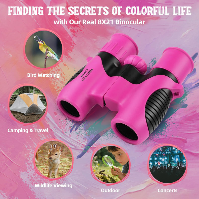 Portable Kids Binoculars 8x21 - Compact Shockproof Real Binoculars for Kids | Great for Bird Watching, Camping, Hiking | Educational Birthday Gift for Boys & Girls Aged 3-12 | Incl. Compass & Carabiner Rose-Pink