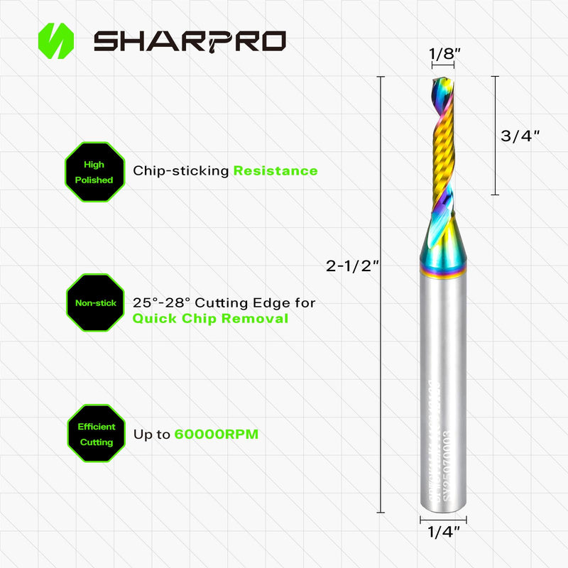 O Flute Upcut Spiral Router Bit 1/4 Inch Shank 1/8" Cutting Dia. 3/4" CL. 2-1/2"OVL. Carbide Single Flute CNC Router Bit, Ideal for Aluminum, Plastic, Acrylic, Wood, MDF and PVC 1/8"DIA - 3/4"CL - 1/4"SHK