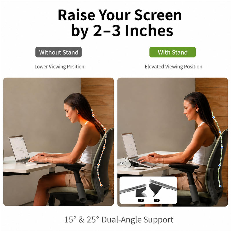Adhesive Laptop Stand for Desk, Foldable Dual-Angle, 13–14 in | 0.1 in thin, 15°/25° dual-angle support, reusable adhesive, up to 11 lb, with 2 anti-slip pads