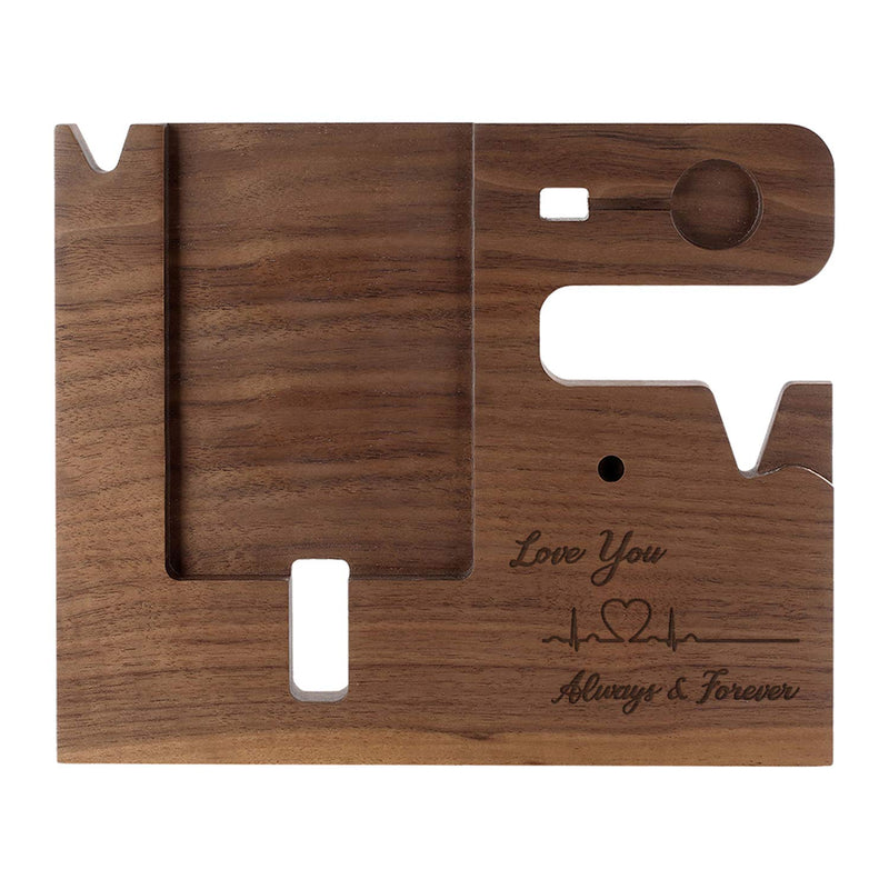 Wooden Phone Docking Station for Men - Engraved Nightstand Organizer, Phone Holder, Key, Wallet, Watch Stand, Christmas, Anniversary, Birthday Gifts for Boyfriend, Husband(Walnut) Brown Ebony Wood For Husband