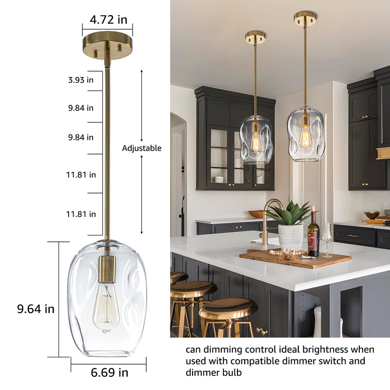 Glass Pendant Lights Kitchen Island -1 Light Gold Hanging Light Fixture Bar Modern Pendant Lighting Ceiling with 9.6" Height Clear Thick Organic Glass Shade for Kitchen Sink Dining Table,E26,1 Pack 1 Pack 9.6in