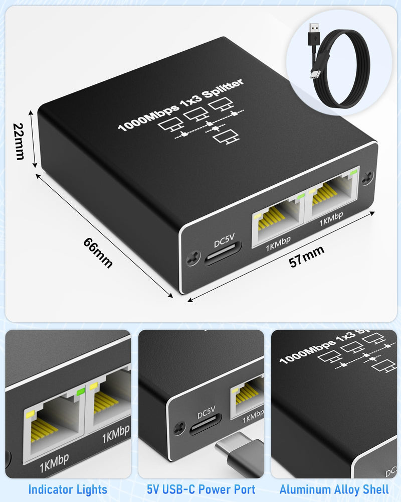 Ethernet Cable Splitter 1 to 3, Gigabit LAN Switch 1000Mbps RJ45 High Speed 1000Mbps with USB C Power Cable for Cat5/5e/6/7/8 Compatible Ethernet Splitter 1 to 3