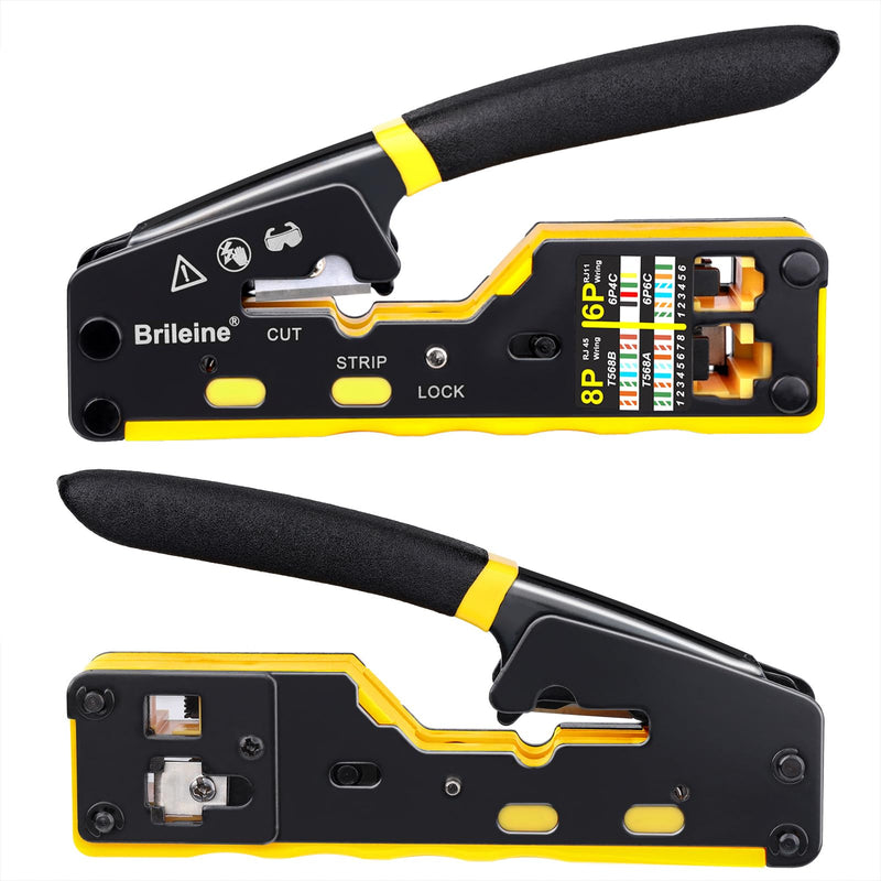Brileine RJ45 Crimp Tool Pass Through Kit Ethernet Crimper Cat5 Cat5e Cat6 Crimping Tool for RJ11/RJ12 6P/8P with Network Lan Cable Tester, 50PCS Cat6 Connectors, 50PCS Boots, Mini Cable Stripper Crimper Kit-Yellow
